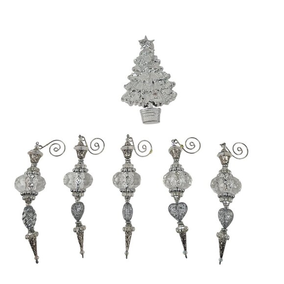 Silver And Clear Acrylic Ornaments 1 Christmas Tree Glitter 5 Finial Drop - Picture 4 of 9